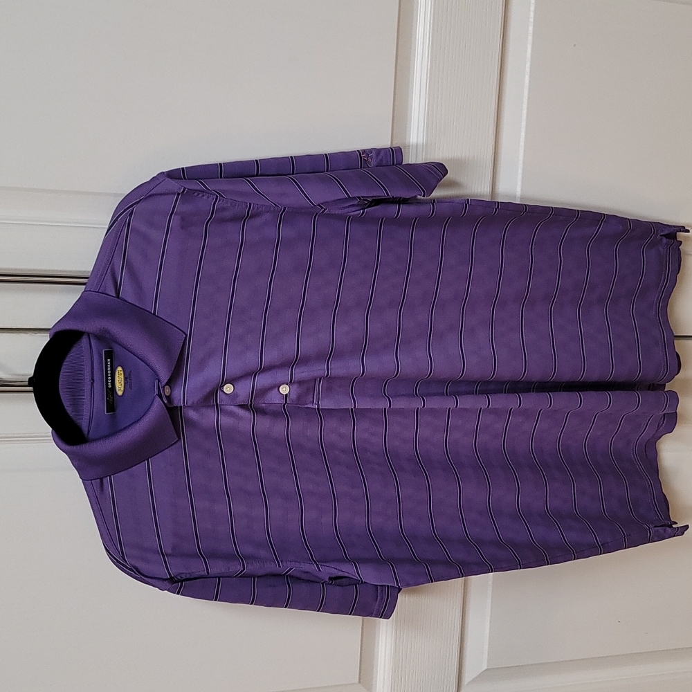 Men's Greg Norman large purple/ black/ white striped golf shirt